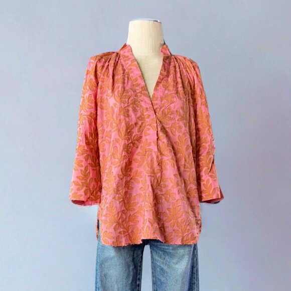 Anthropologie Embroidered Leaves Pink Popover Blouse Top Medium Feminine $130 - Picture 3 of 8